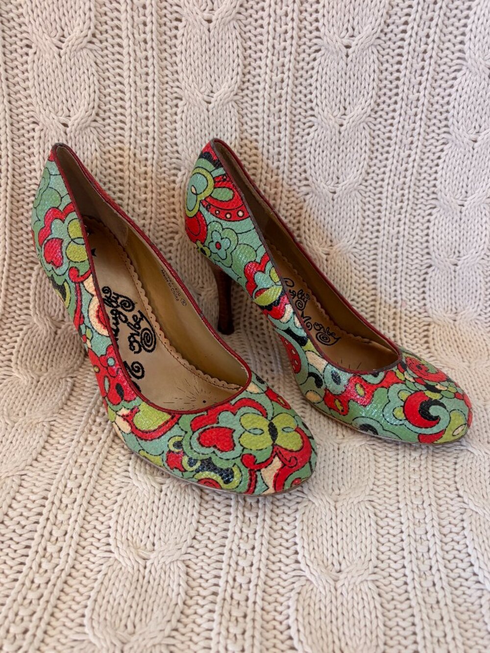 Naughty Monkey 70s Floral Pumps Green Red Retro Heels